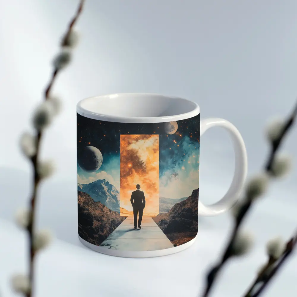 Man Walking Through Cosmic Portal Mountains – Mugs