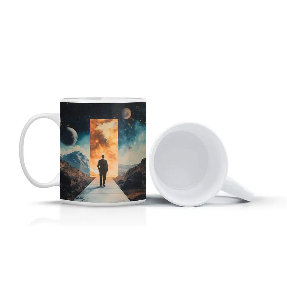 Man Walking Through Cosmic Portal Mountains – Mugs