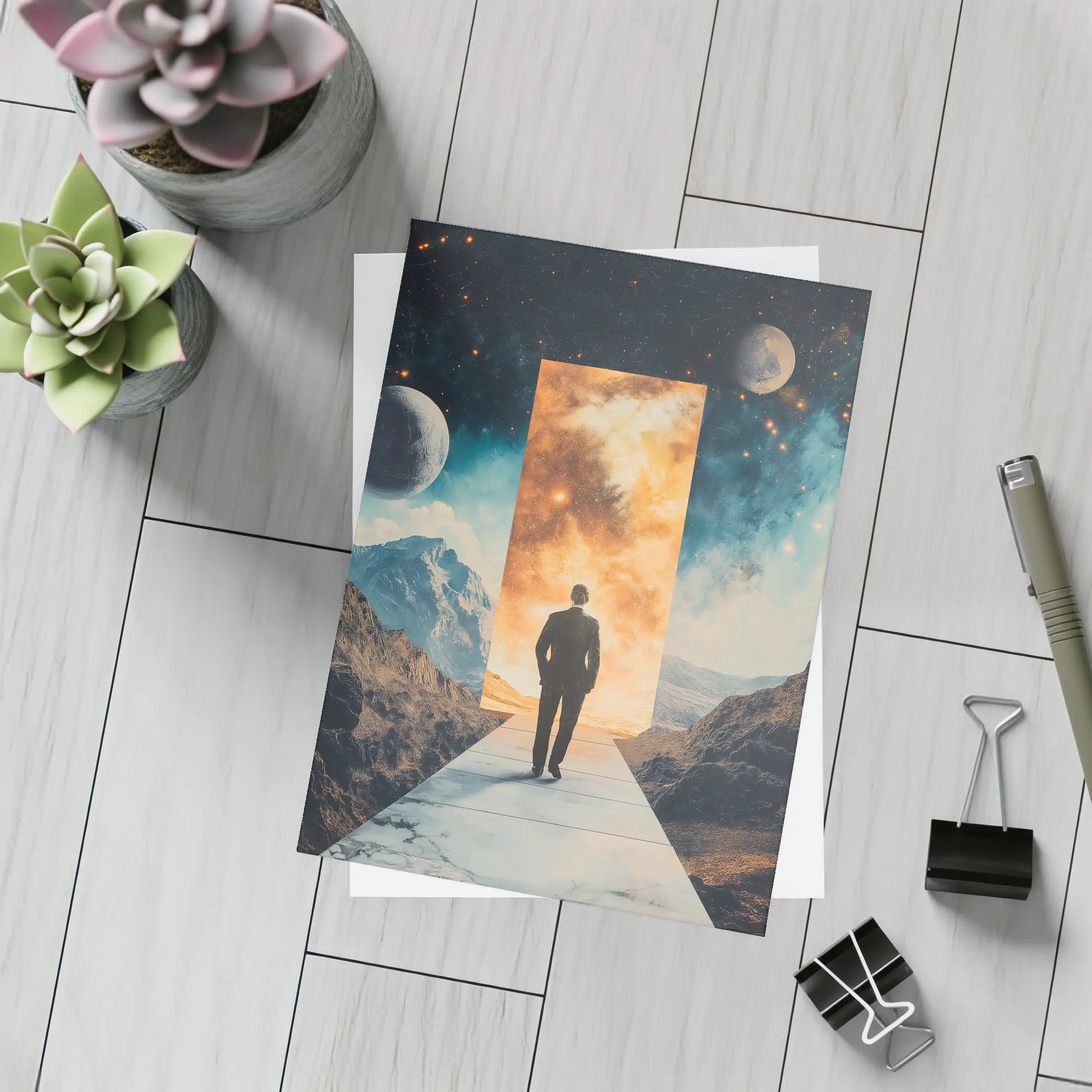Man Walking Through Cosmic Portal Mountains – Postcards