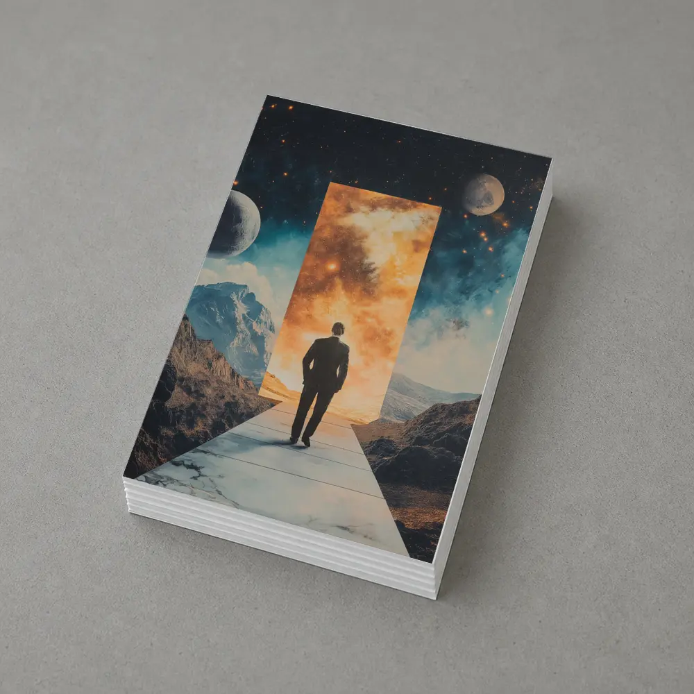 Man Walking Through Cosmic Portal Mountains – Postcards