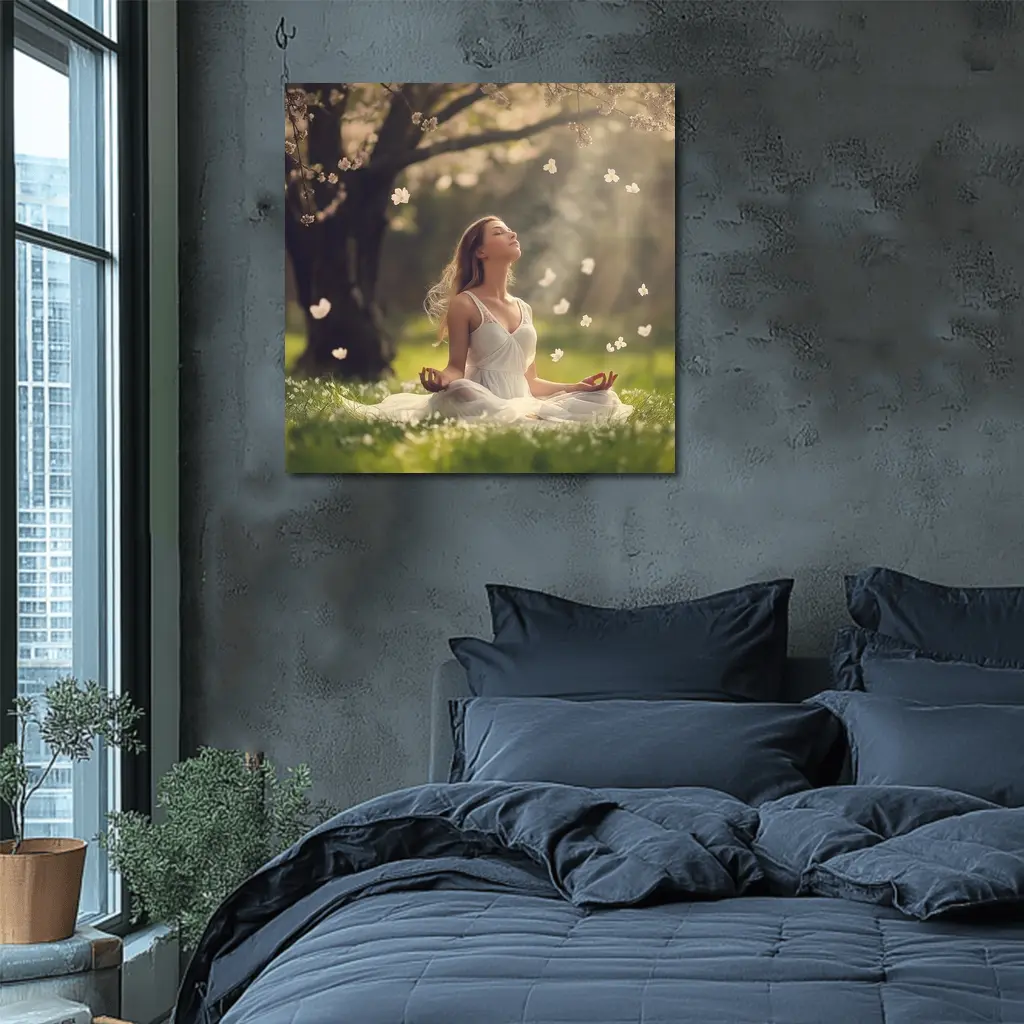 Woman Meditating Under Cherry Blossom Tree – Wall Art