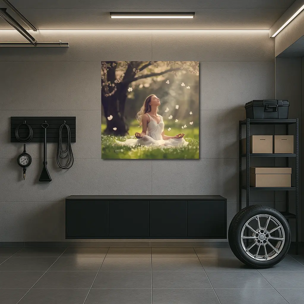 Woman Meditating Under Cherry Blossom Tree – Wall Art