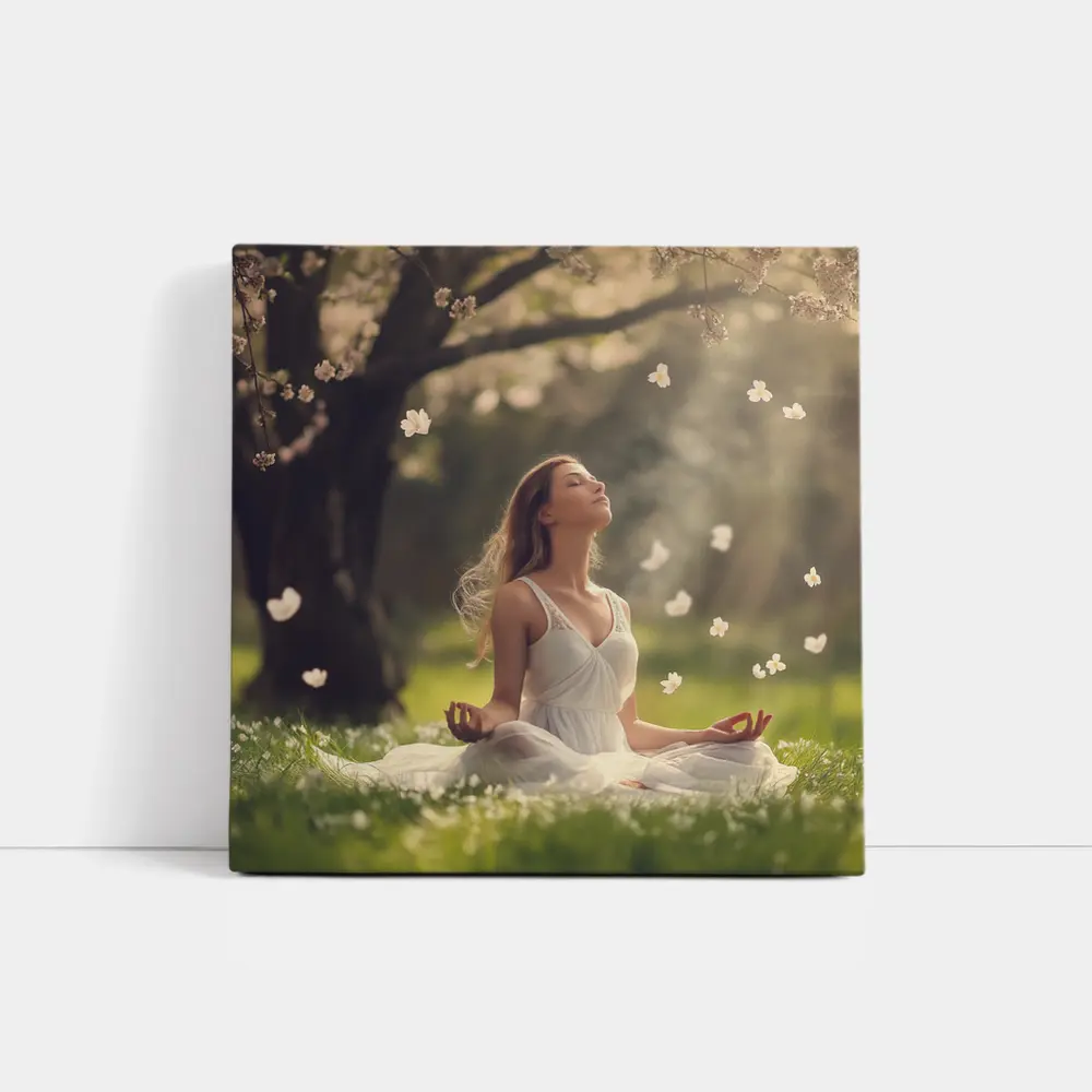 Woman Meditating Under Cherry Blossom Tree – Wall Art