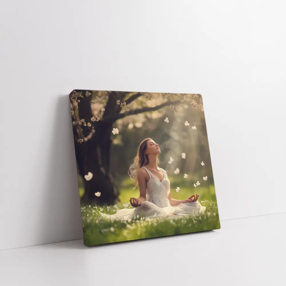 Woman Meditating Under Cherry Blossom Tree – Wall Art