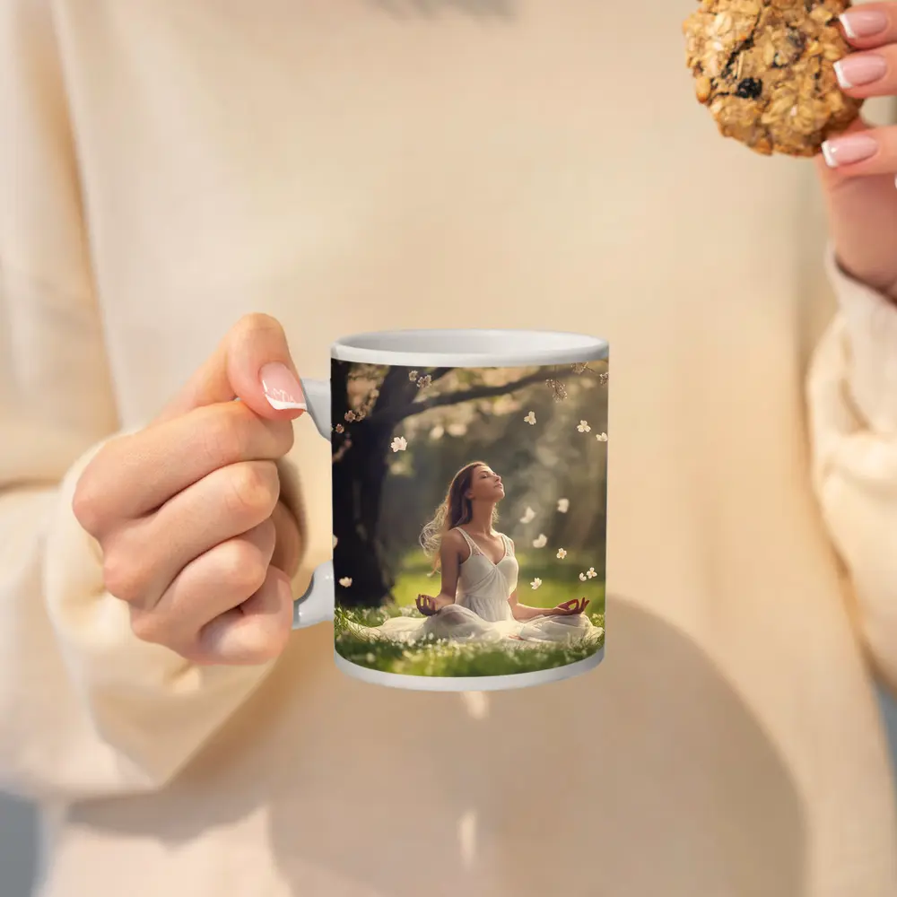Woman Meditating Under Cherry Blossom Tree – Mugs