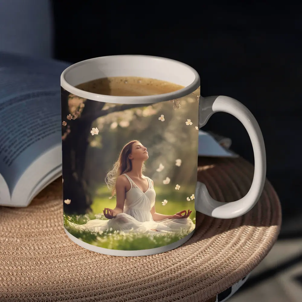 Woman Meditating Under Cherry Blossom Tree – Mugs