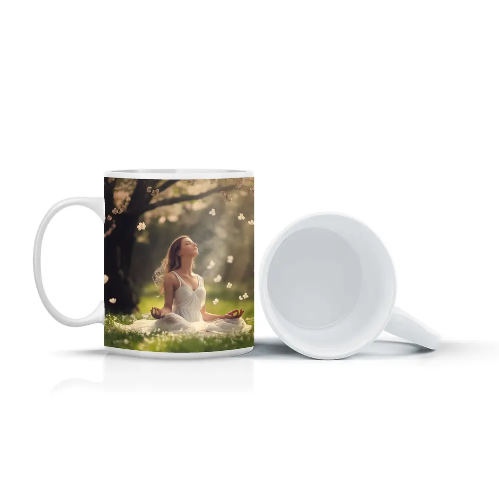 Woman Meditating Under Cherry Blossom Tree – Mugs