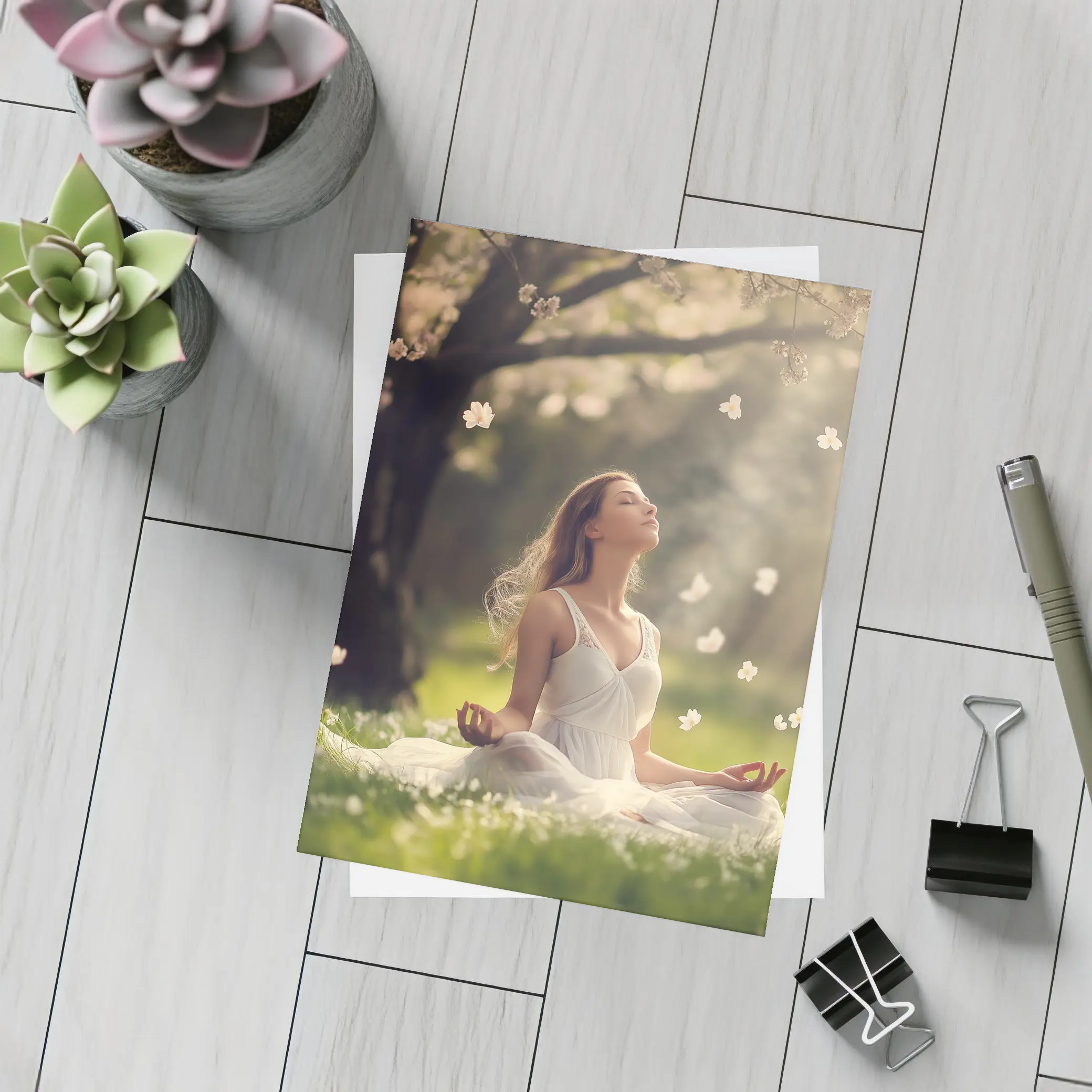 Woman Meditating Under Cherry Blossom Tree – Postcards
