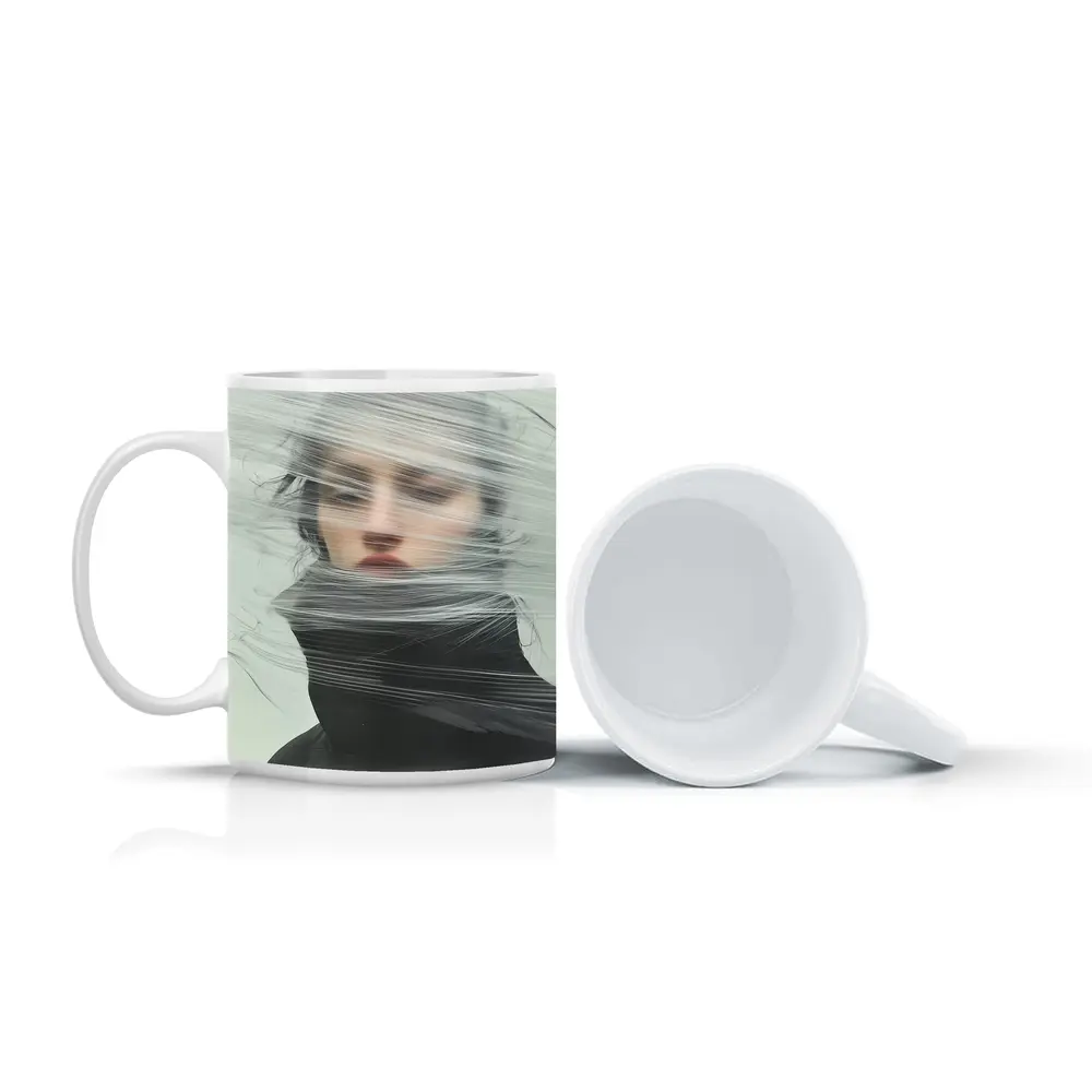 Woman Wrapped in Plastic Minimalist Portrait – Mugs