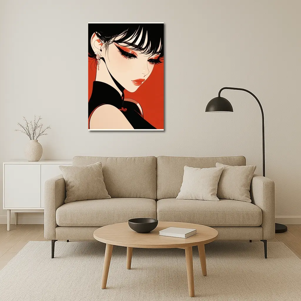 Anime Girl Red Background Bold Makeup – Wall Art
