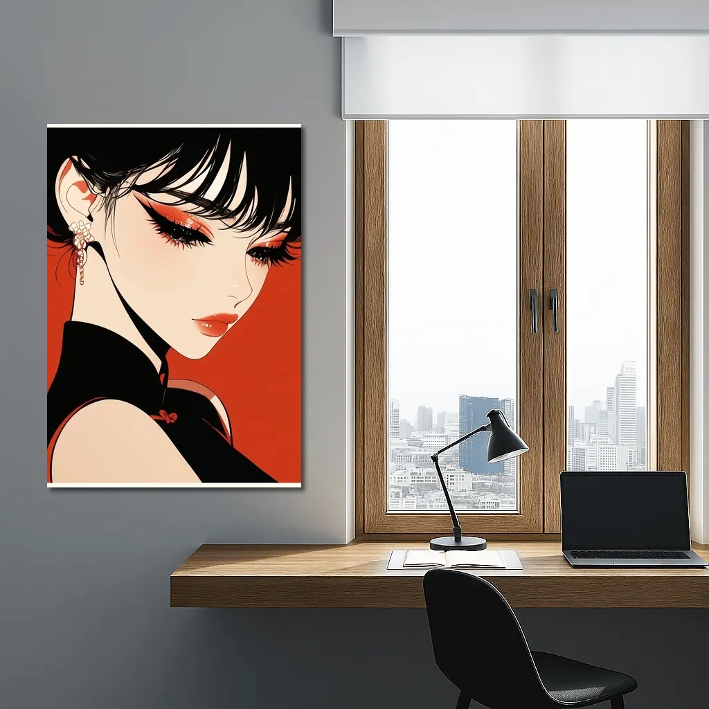 Anime Girl Red Background Bold Makeup – Wall Art