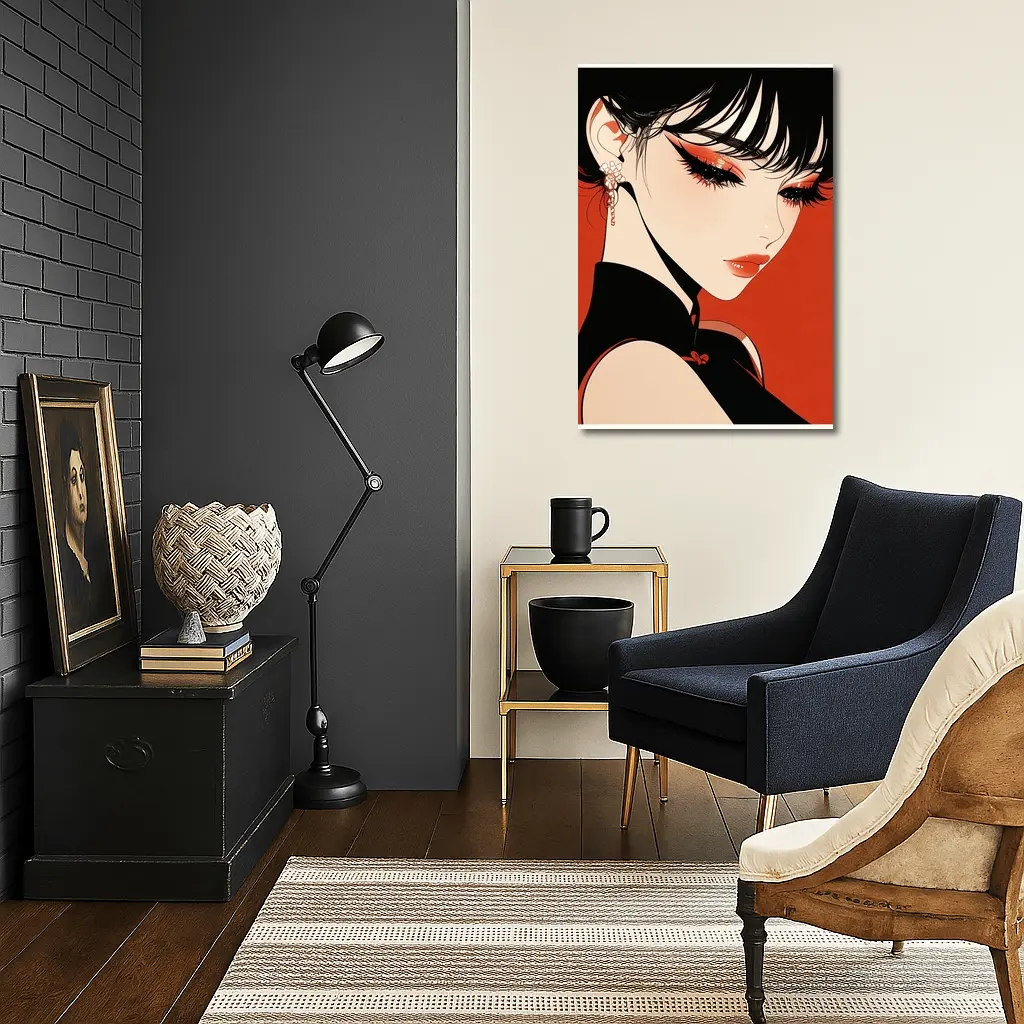 Anime Girl Red Background Bold Makeup – Wall Art