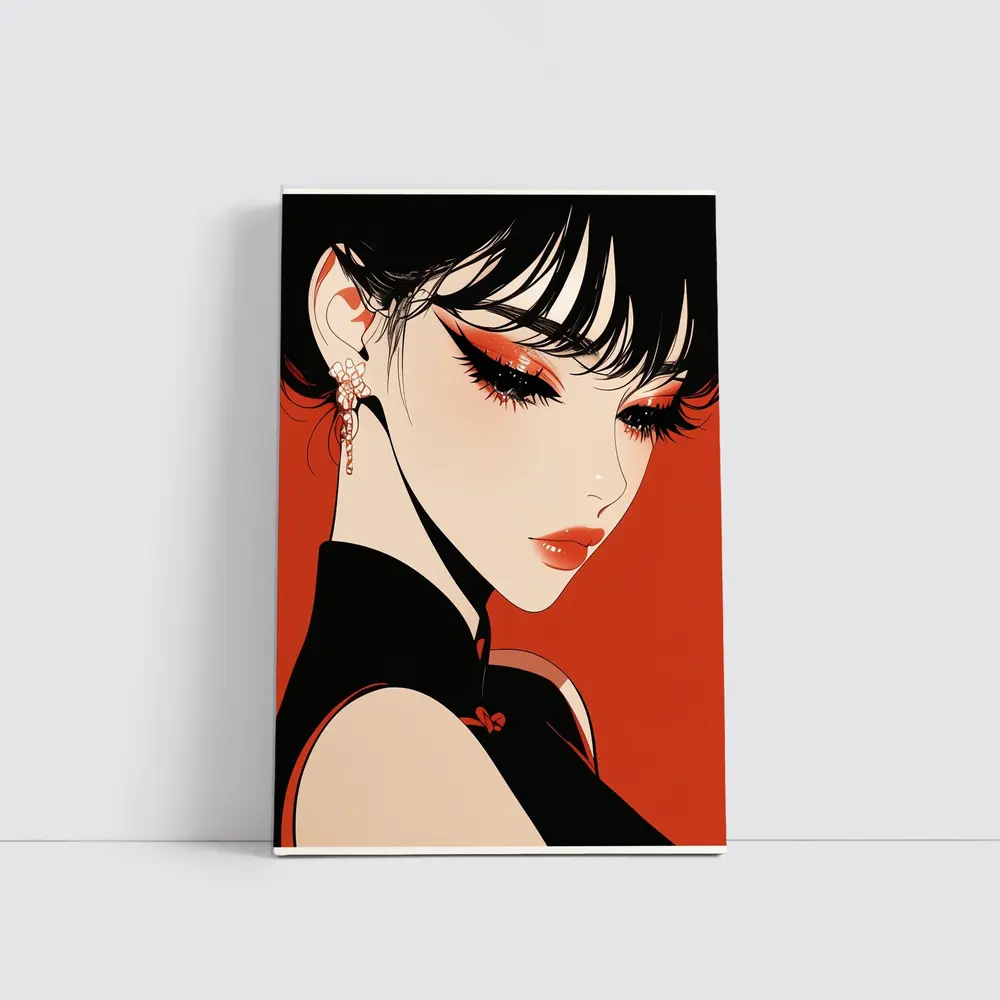 Anime Girl Red Background Bold Makeup – Wall Art