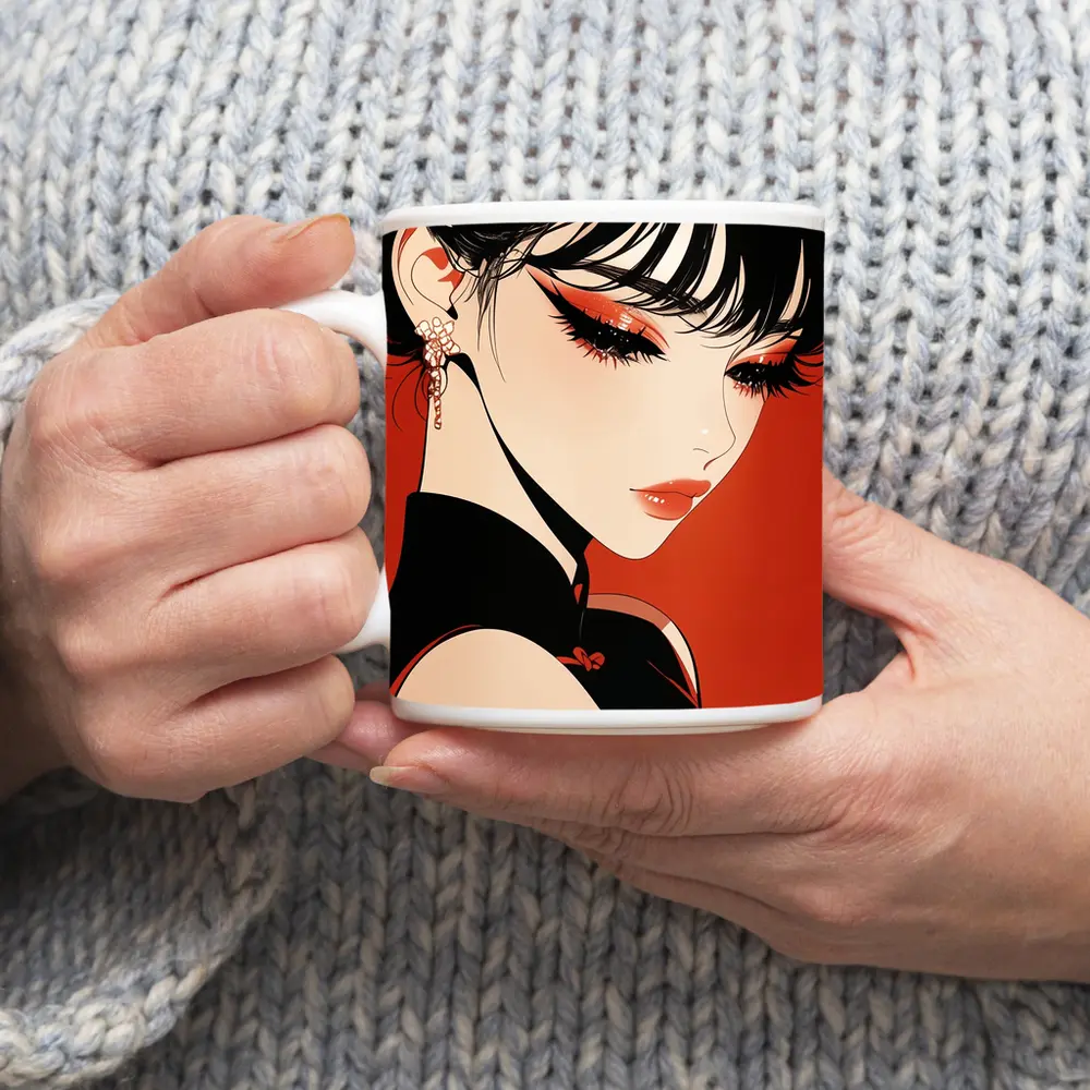 Anime Girl Red Background Bold Makeup – Mugs