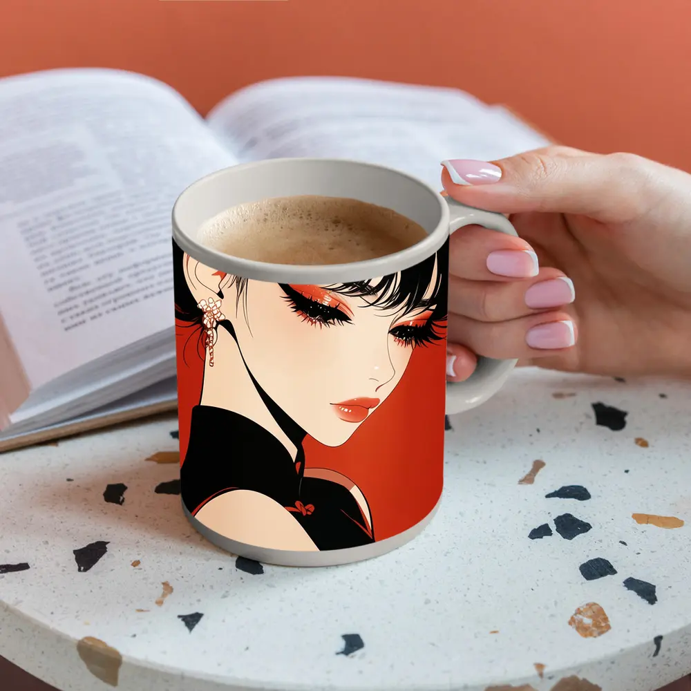 Anime Girl Red Background Bold Makeup – Mugs