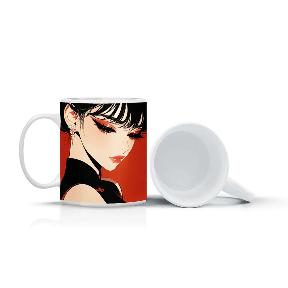 Anime Girl Red Background Bold Makeup – Mugs