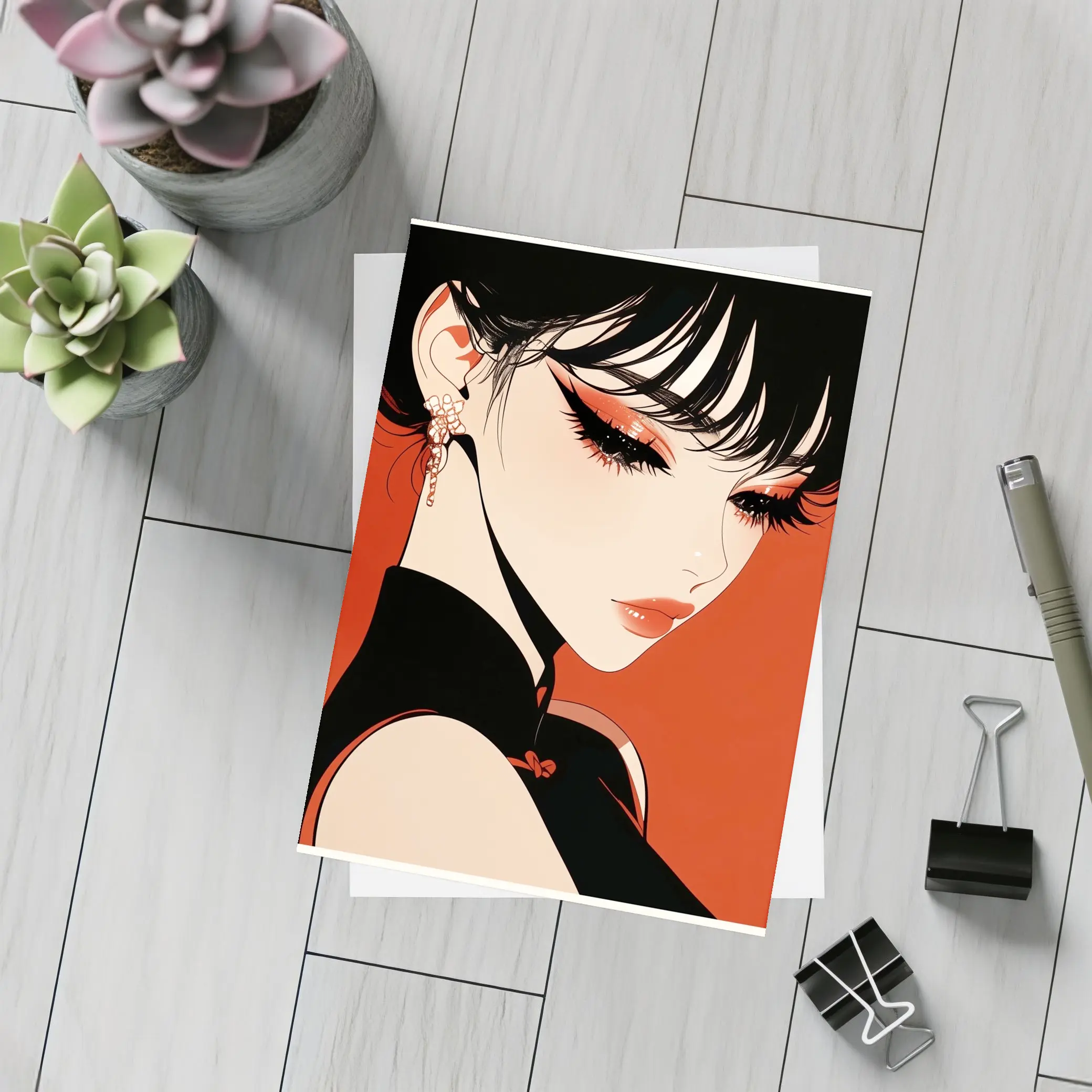 Anime Girl Red Background Bold Makeup – Postcards