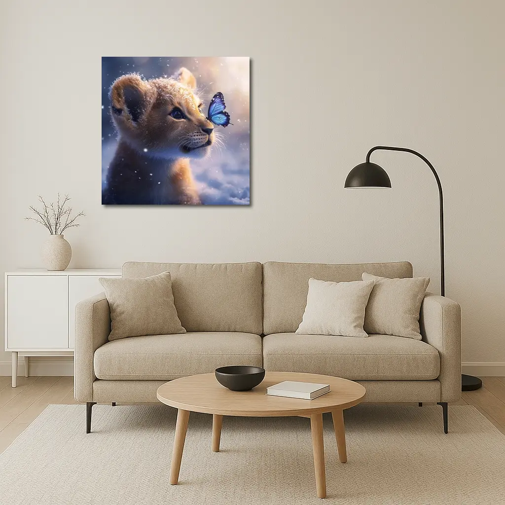 Lion Cub With Blue Butterfly In Snow – Wall Art