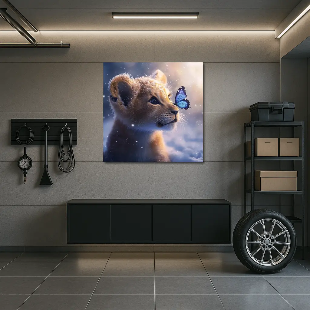 Lion Cub With Blue Butterfly In Snow – Wall Art