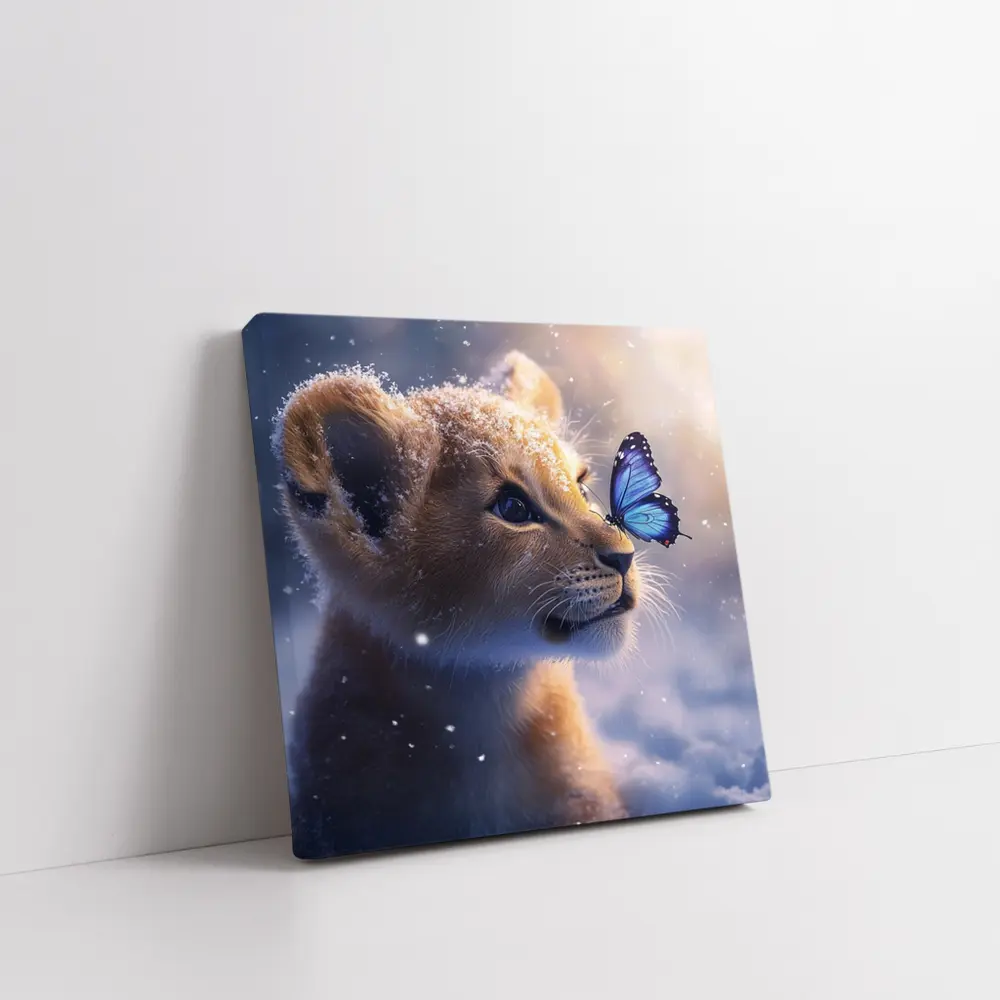 Lion Cub With Blue Butterfly In Snow – Wall Art