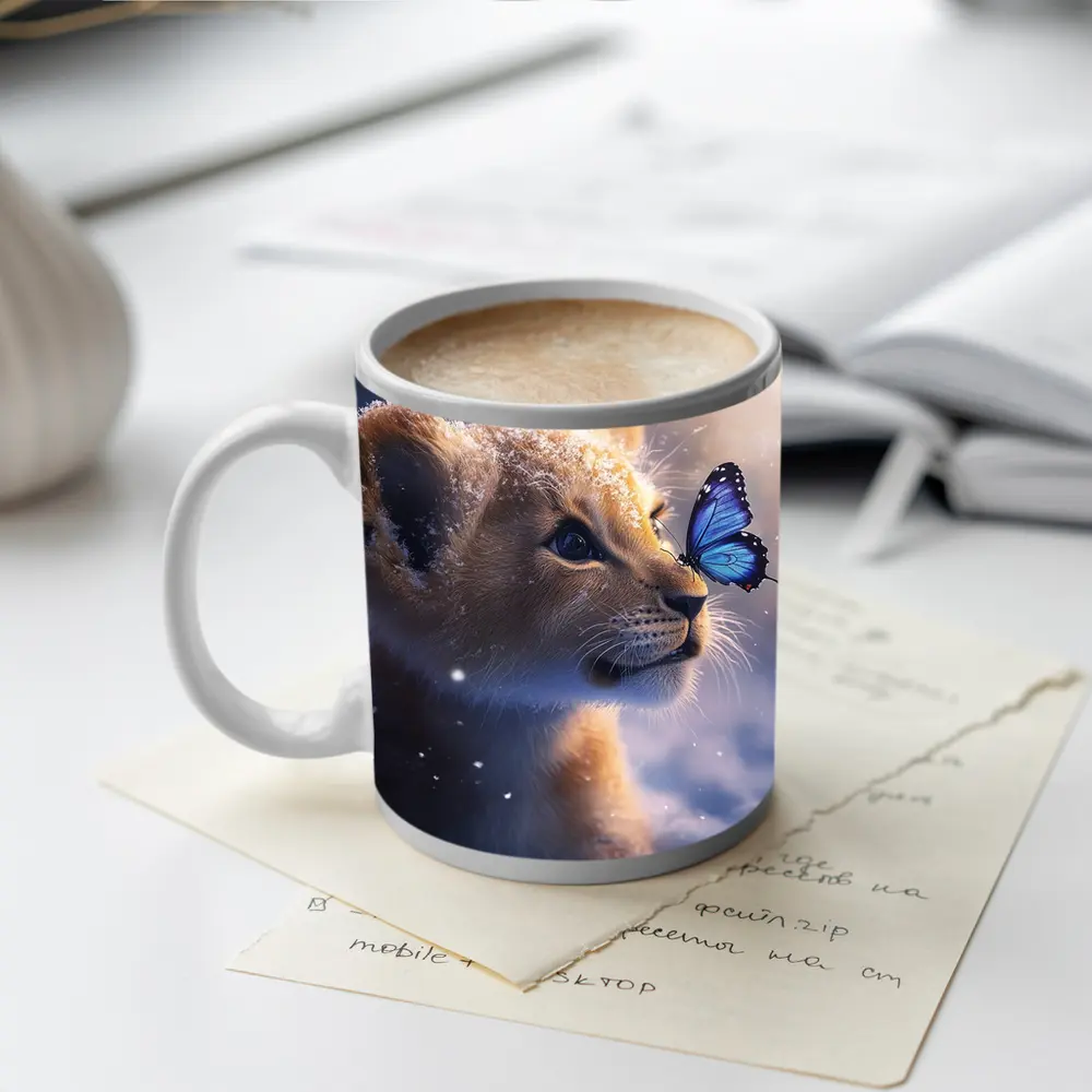 Lion Cub With Blue Butterfly In Snow – Mugs