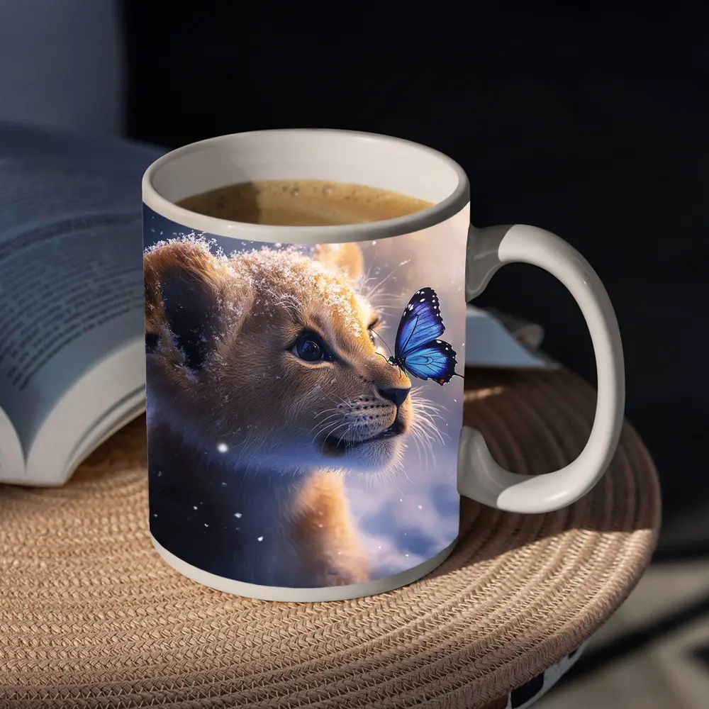 Lion Cub With Blue Butterfly In Snow – Mugs