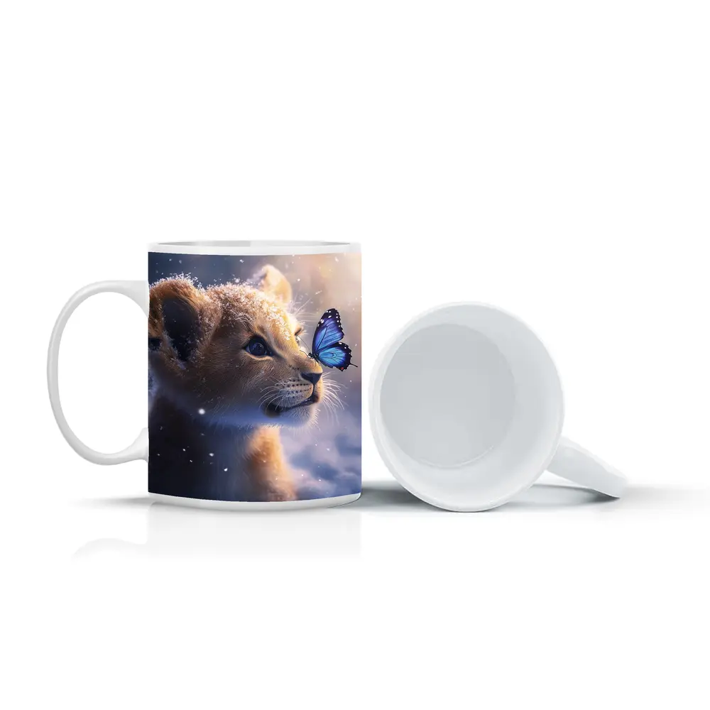 Lion Cub With Blue Butterfly In Snow – Mugs