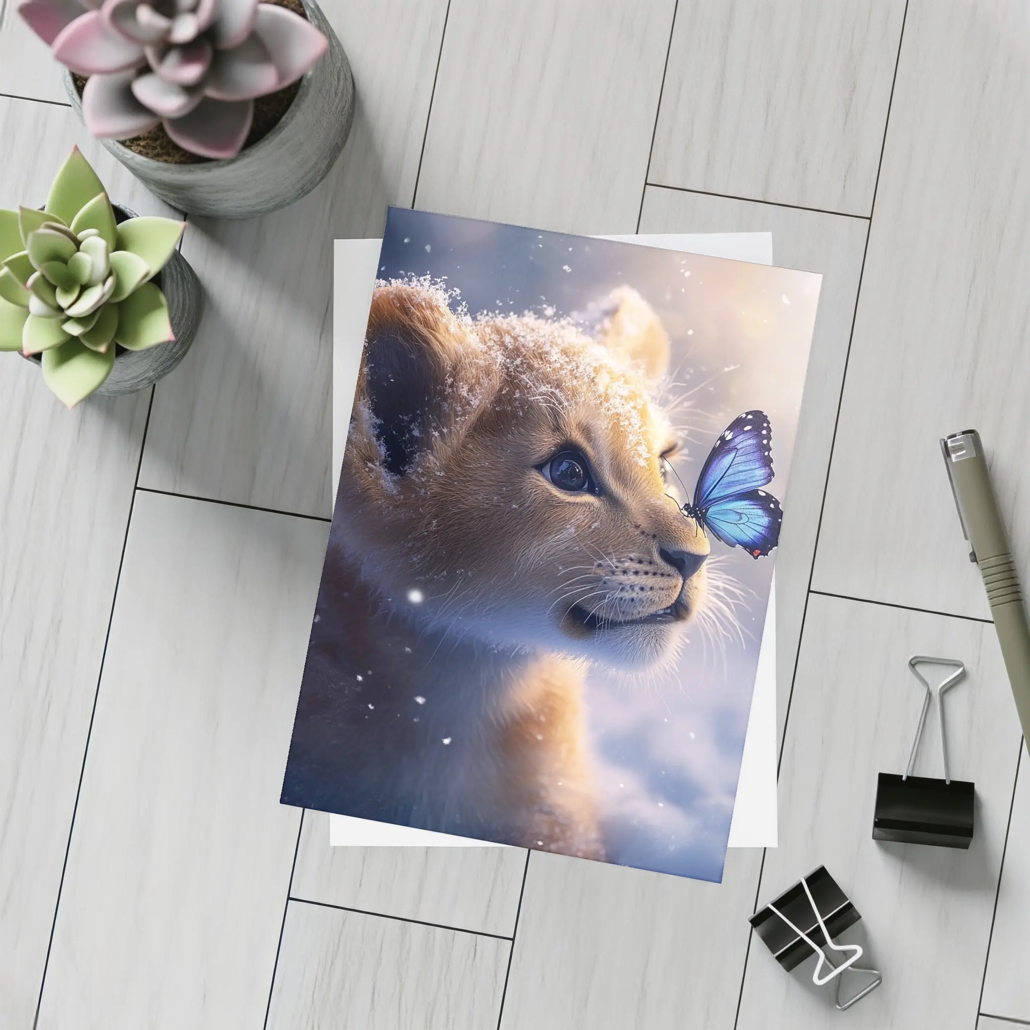 Lion Cub With Blue Butterfly In Snow – Postcards