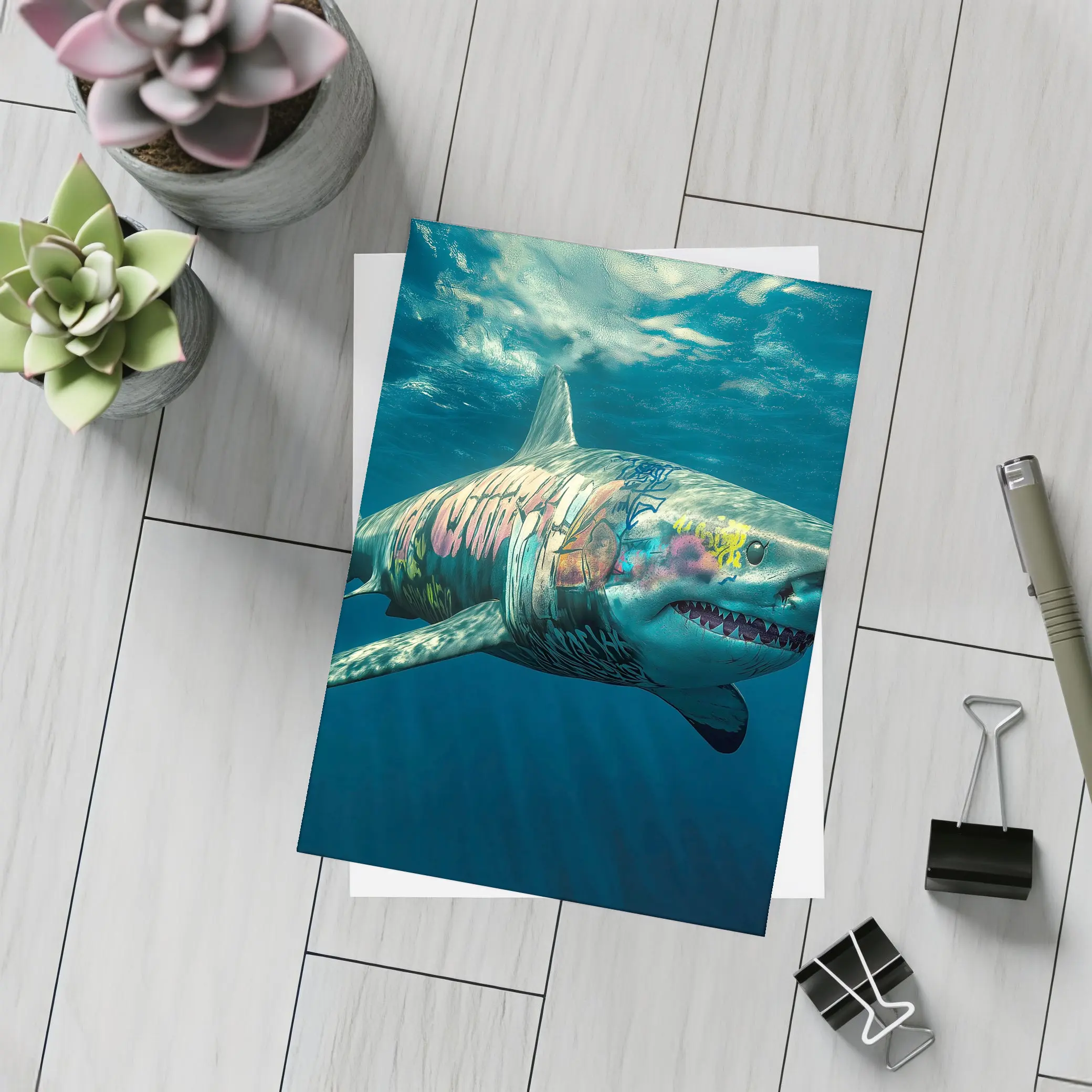 Graffiti Shark Swimming Deep Ocean Water – Postcards