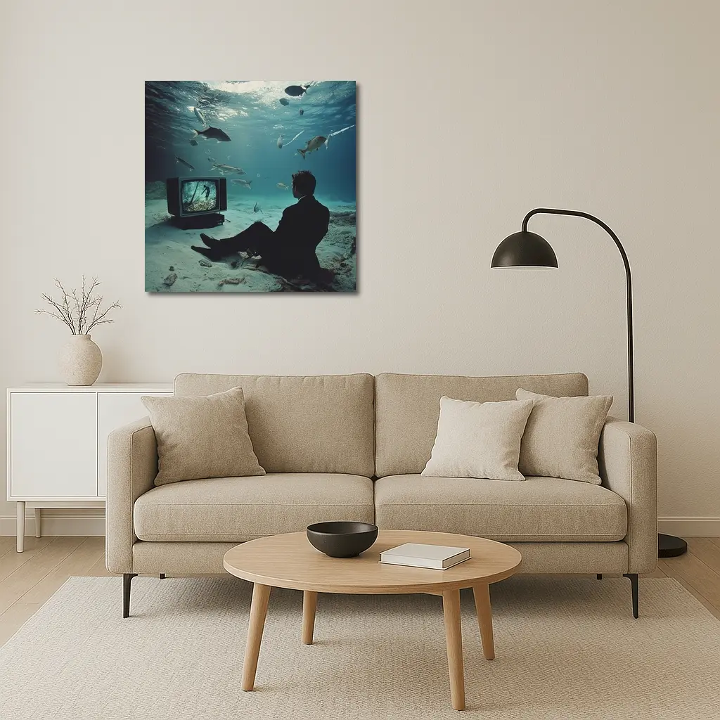 Man in Suit Watching TV Underwater – Wall Art