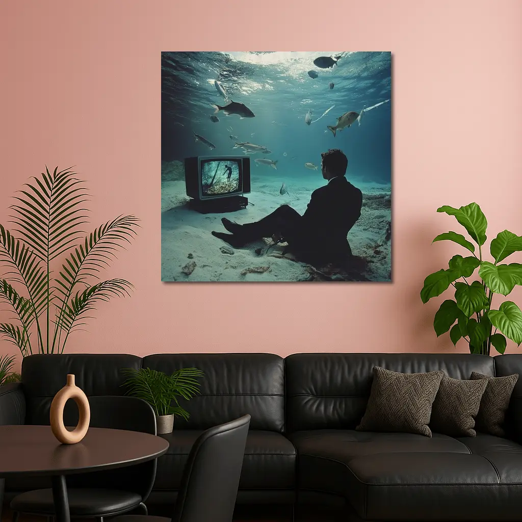 Man in Suit Watching TV Underwater – Wall Art