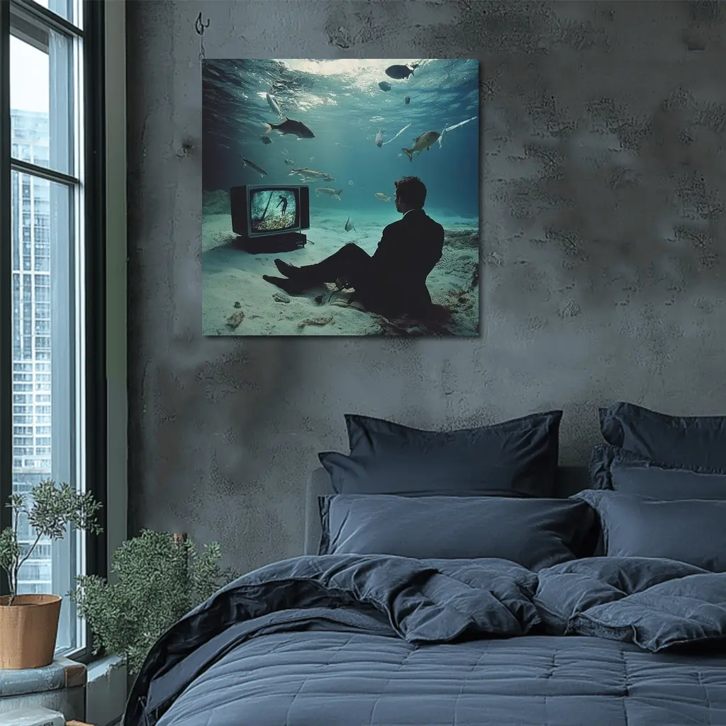 Man in Suit Watching TV Underwater – Wall Art