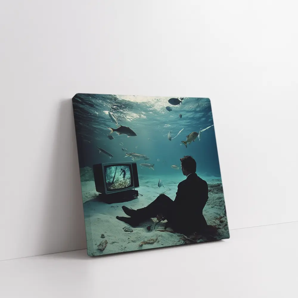 Man in Suit Watching TV Underwater – Wall Art