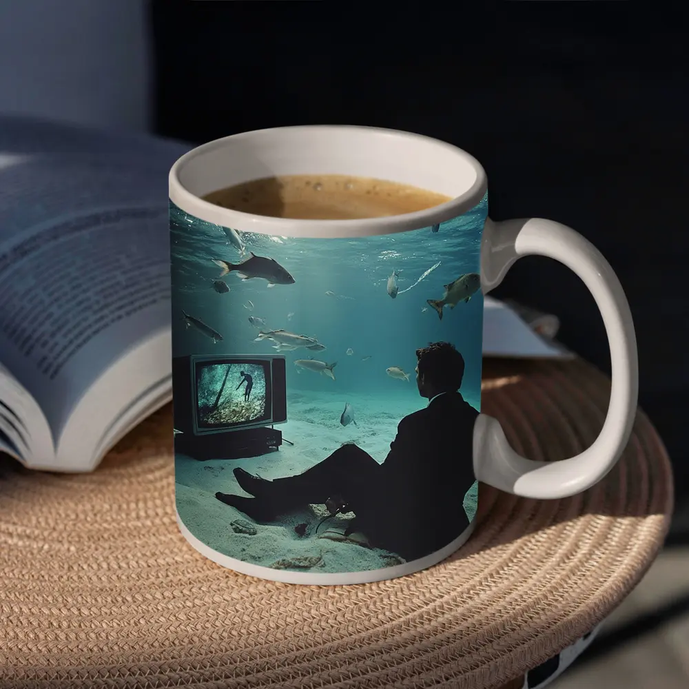 Man in Suit Watching TV Underwater – Mugs