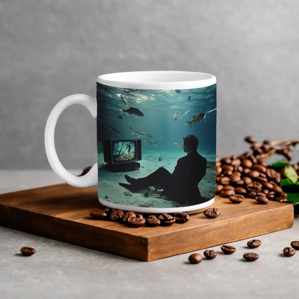 Man in Suit Watching TV Underwater – Mugs