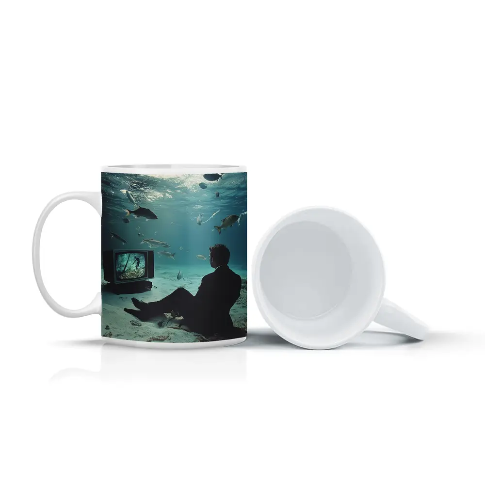 Man in Suit Watching TV Underwater – Mugs