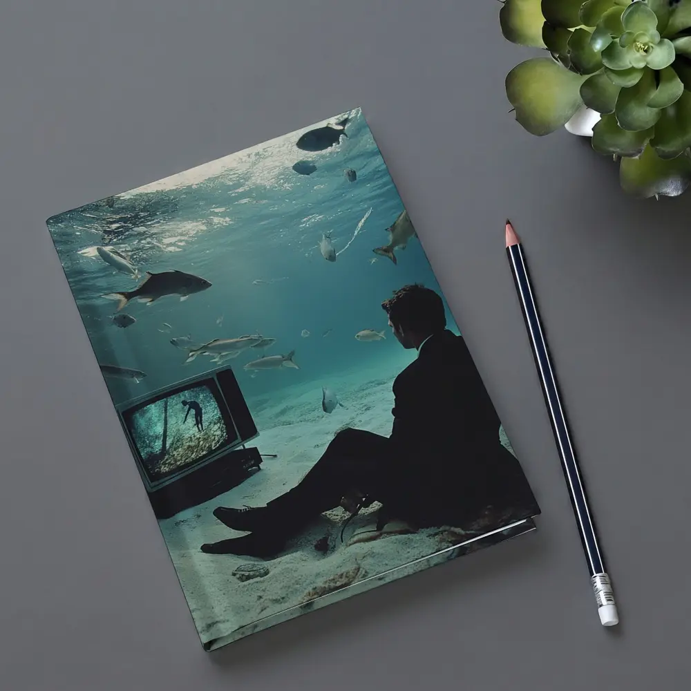 Man in Suit Watching TV Underwater – Notebooks