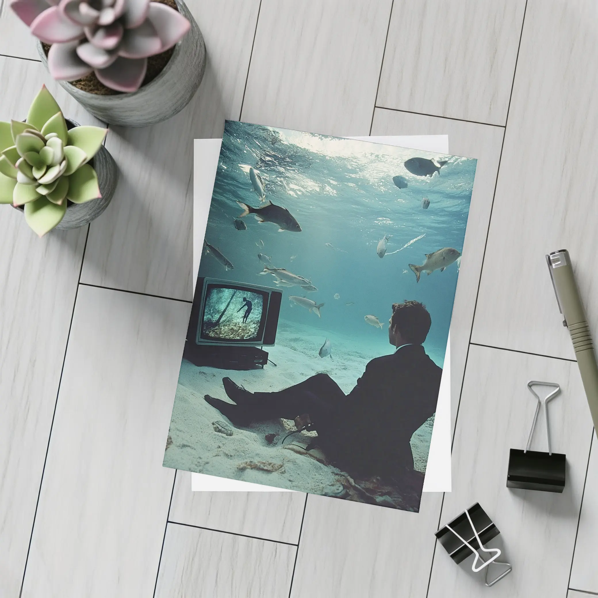 Man in Suit Watching TV Underwater – Postcards