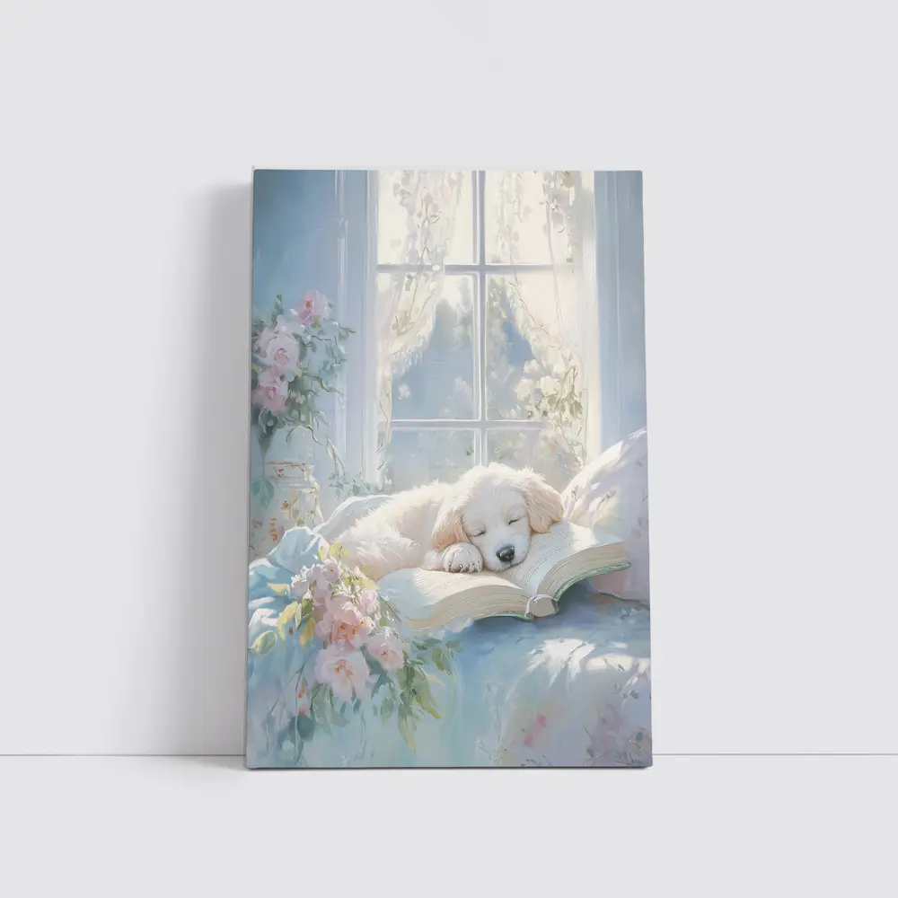 Golden Retriever Puppy Sleeping Soft Floral – Wall Art