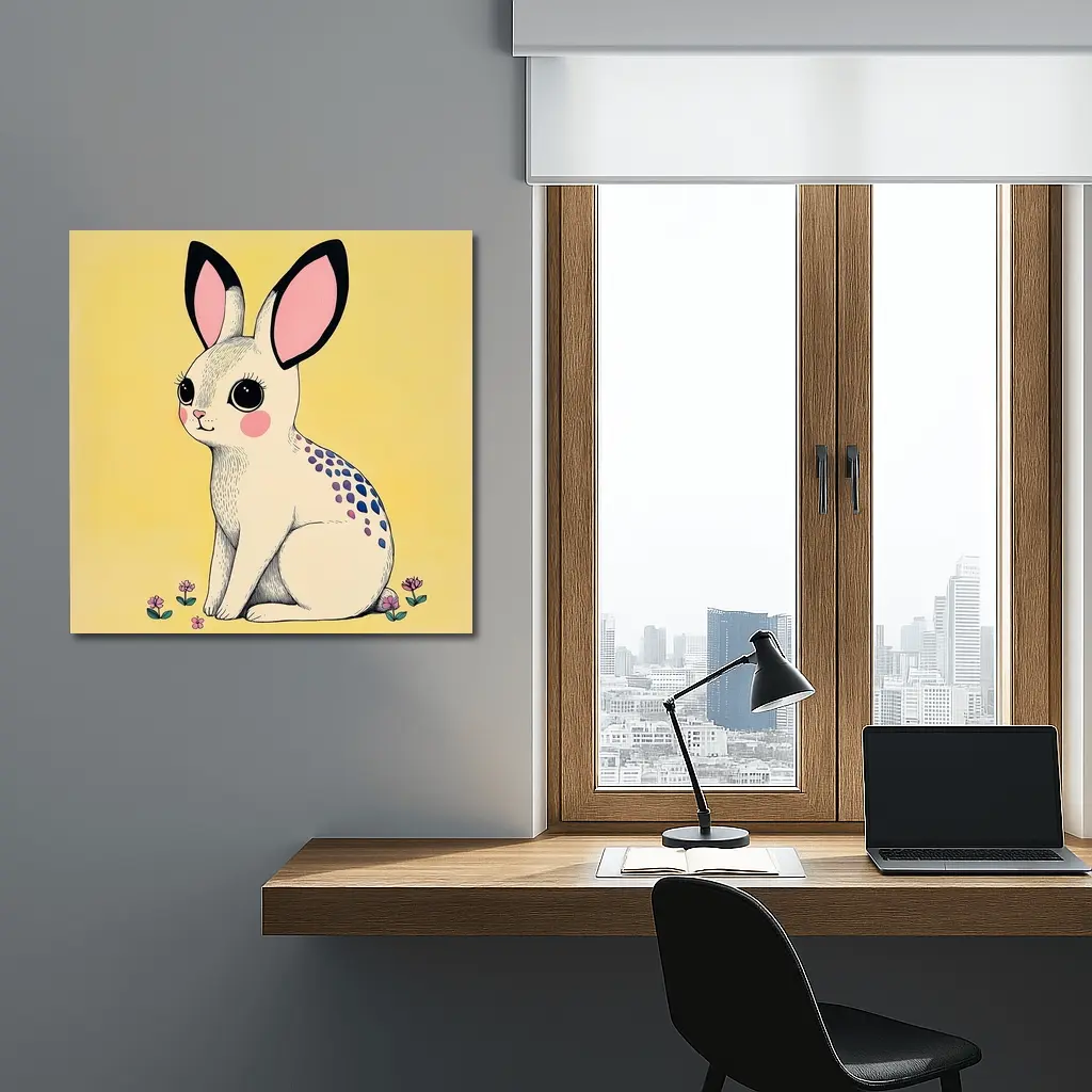Cute White Bunny With Flowers Yellow Background – Wall Art