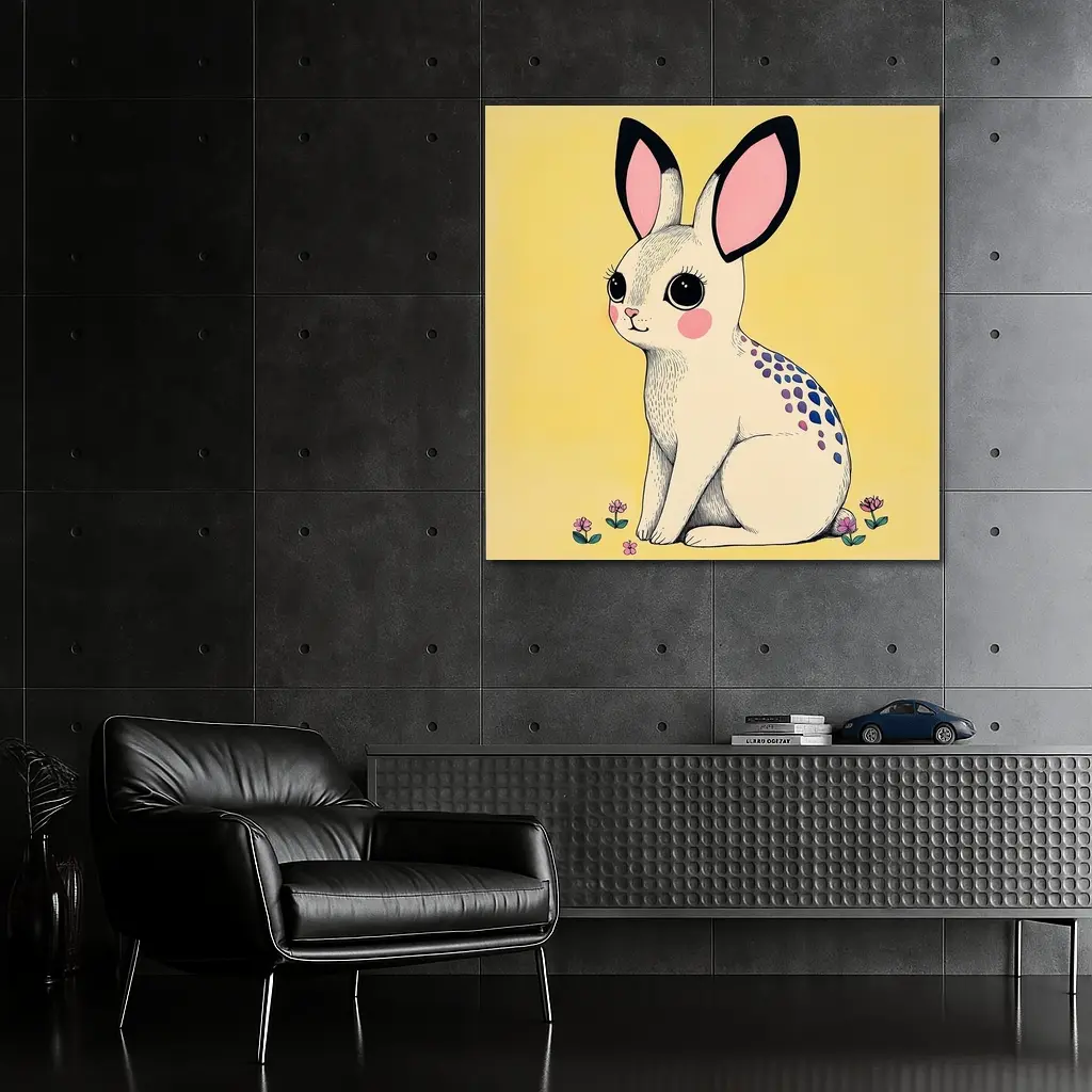 Cute White Bunny With Flowers Yellow Background – Wall Art