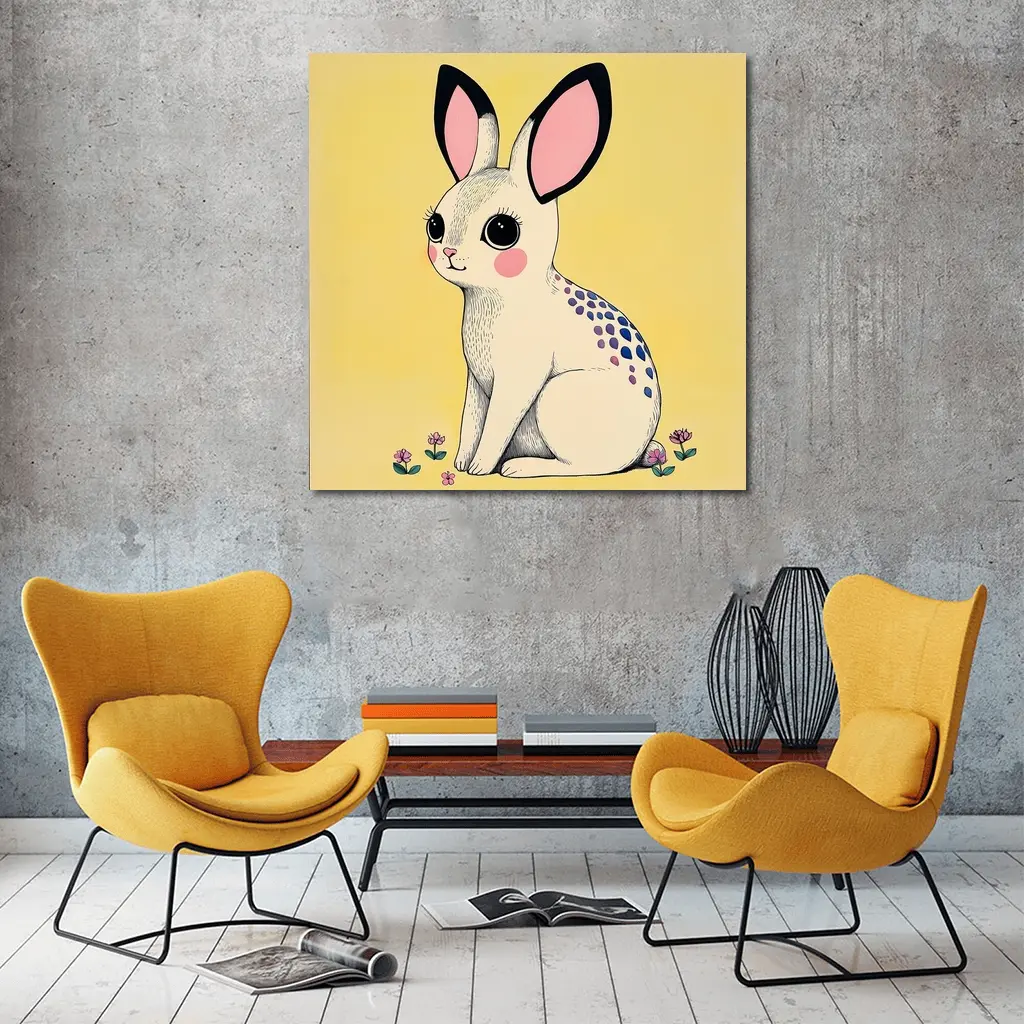 Cute White Bunny With Flowers Yellow Background – Wall Art