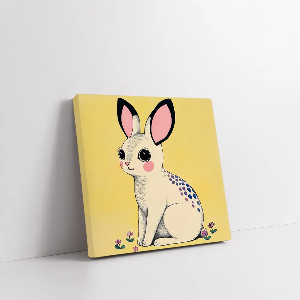 Cute White Bunny With Flowers Yellow Background – Wall Art