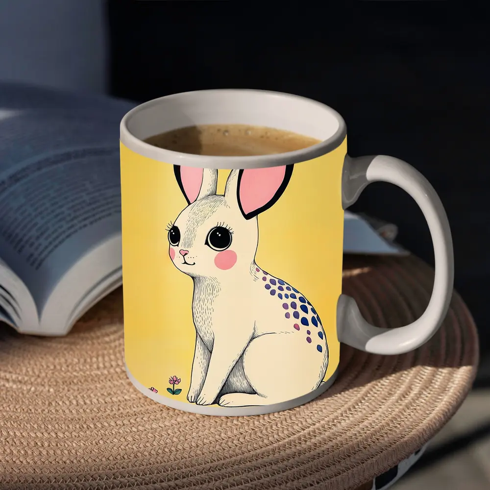 Cute White Bunny With Flowers Yellow Background – Mugs