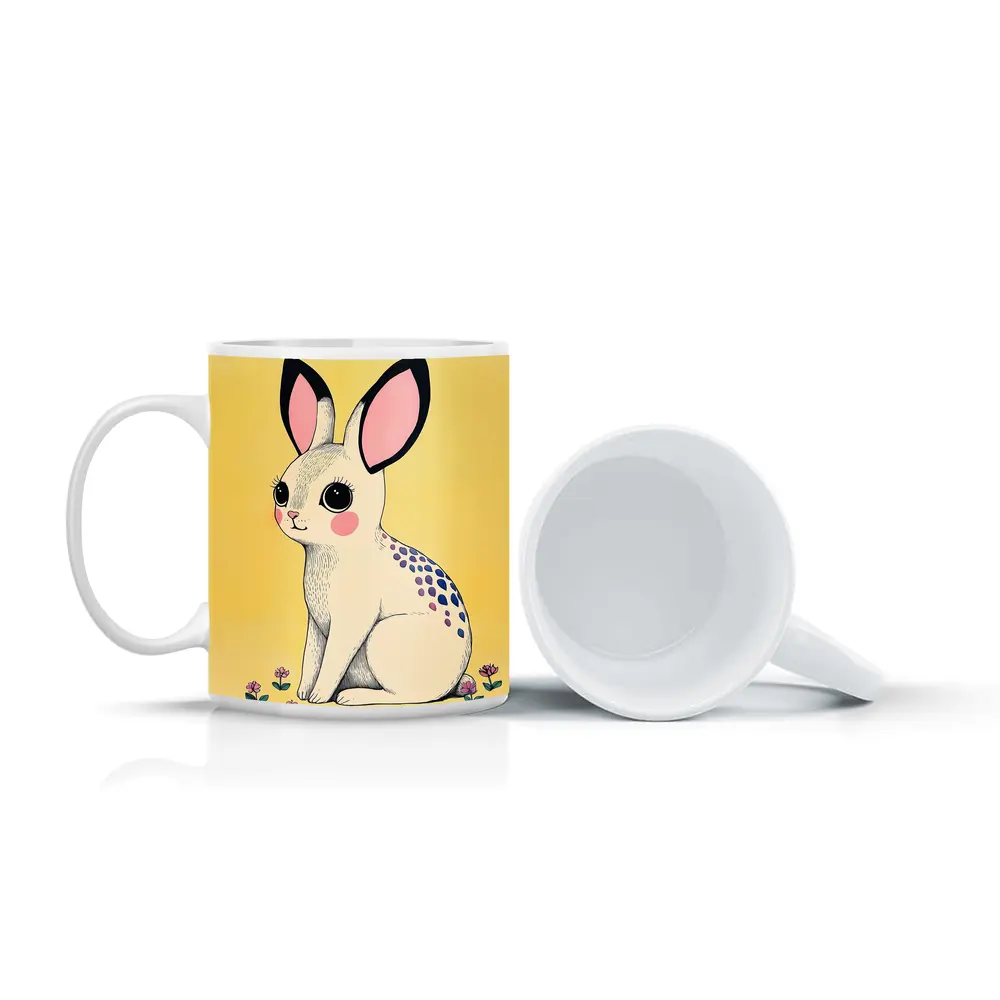 Cute White Bunny With Flowers Yellow Background – Mugs
