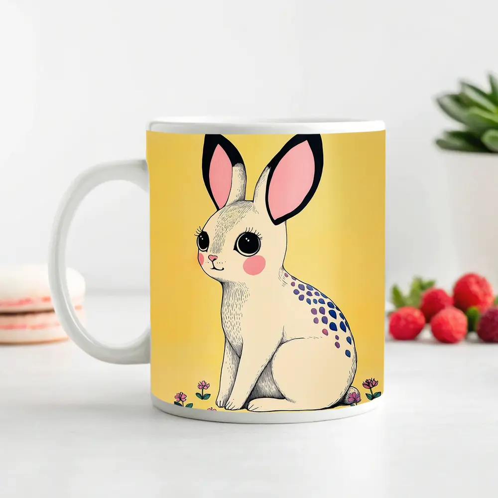Cute White Bunny With Flowers Yellow Background – Mugs
