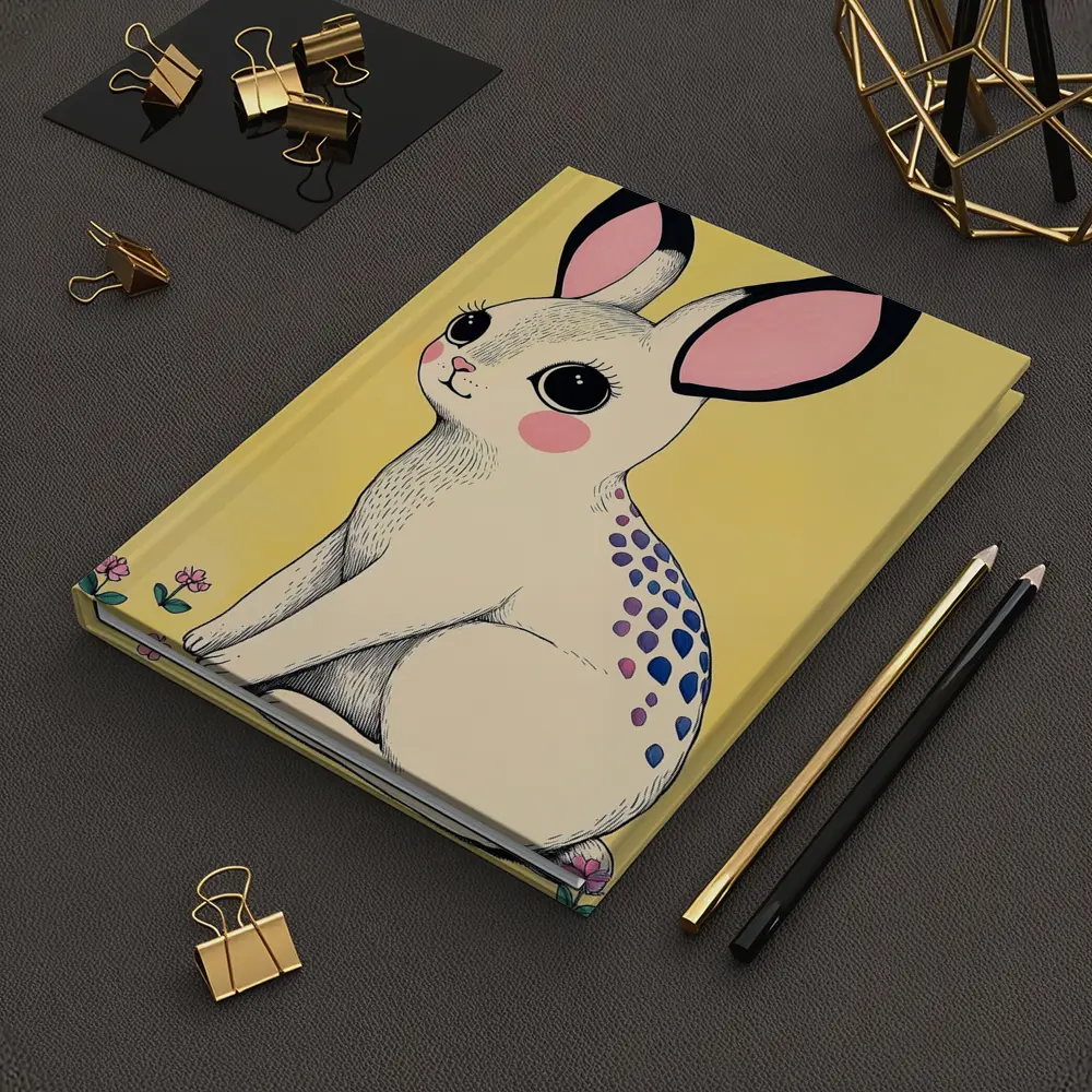 Cute White Bunny With Flowers Yellow Background – Notebooks