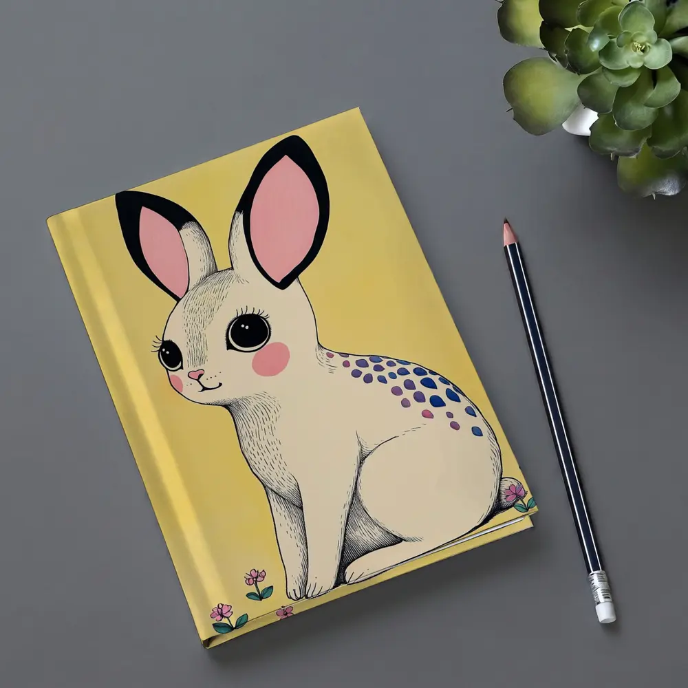 Cute White Bunny With Flowers Yellow Background – Notebooks