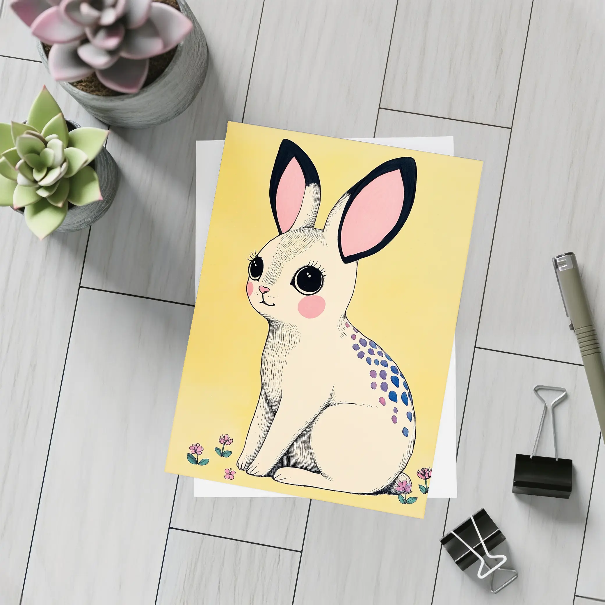 Cute White Bunny With Flowers Yellow Background – Postcards