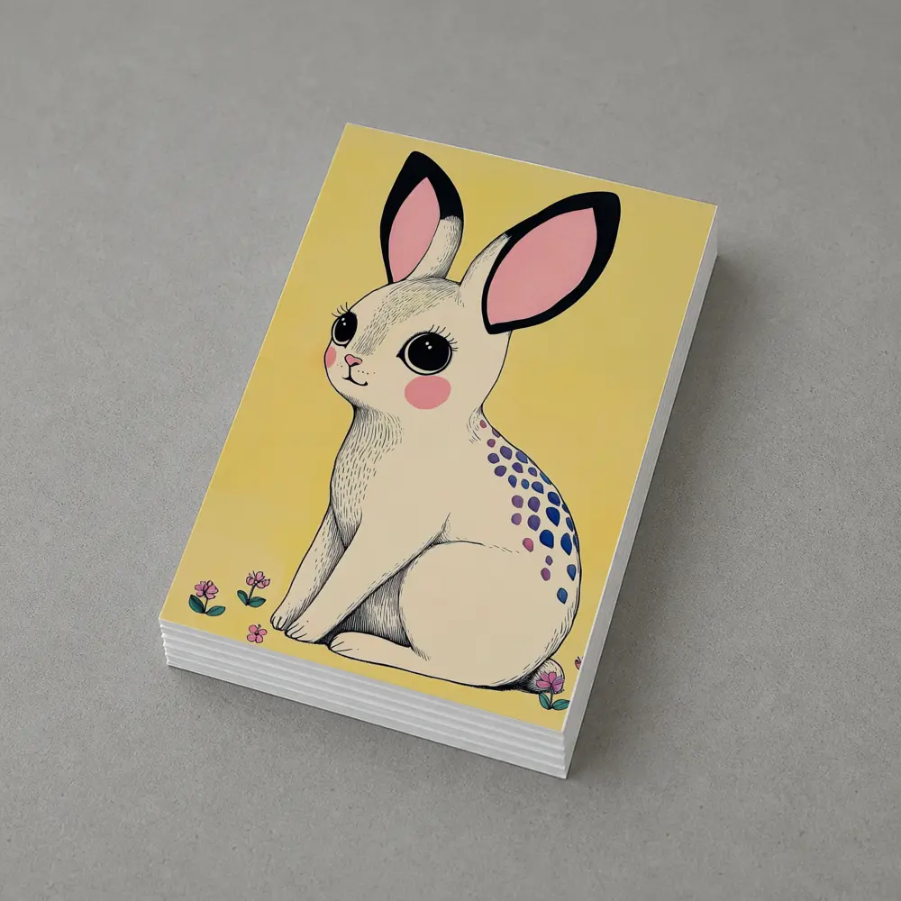 Cute White Bunny With Flowers Yellow Background – Postcards
